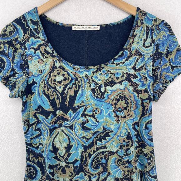 PERUVIAN CONNECTION Dress XS Paisley Midi Cap Sleeve Stretch Pima Cotton Blue - Picture 3 of 13